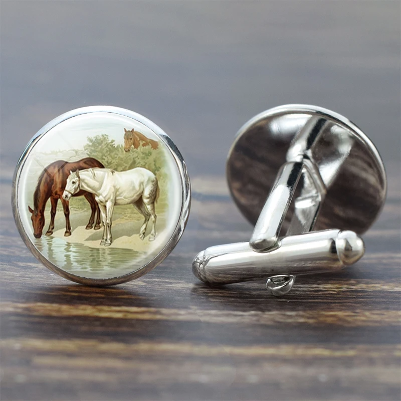 Horse Cufflinks Silver Suit Shirt Best Man Cufflinks Set Glass Cabochon Jewelry Fashion Men Cuff Links gifts