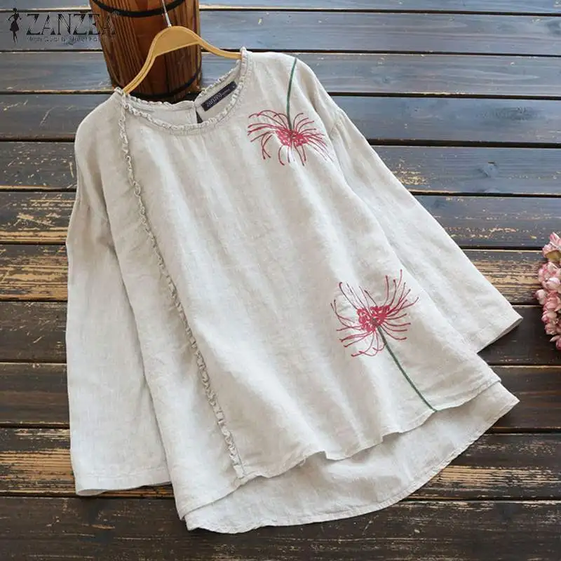 Embroidery Tops Shirt Tunic Blouse Casual Cotton Linen ZANZEA Plus-Size Women Blusas