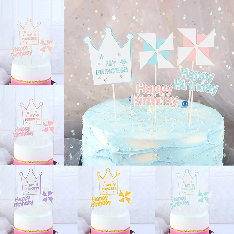 5set Crown Windmill Cake Topper Macarons My Princess Happy Birthday Cake Topper For Baby Shower Kids Birthday Party Cupcake Flag Cake Decorating Supplies Aliexpress