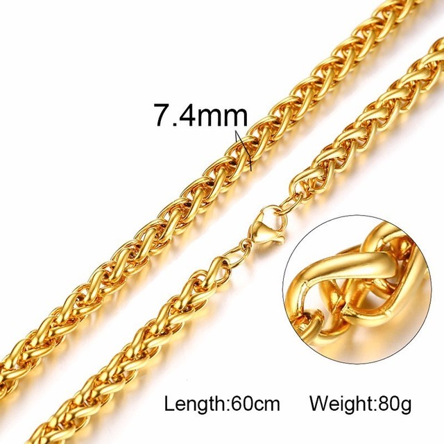 Wide Men Stainless Steel Wheat Spiga Franco Chain Necklace in Gold Tone Male Jewelry 24 Inch