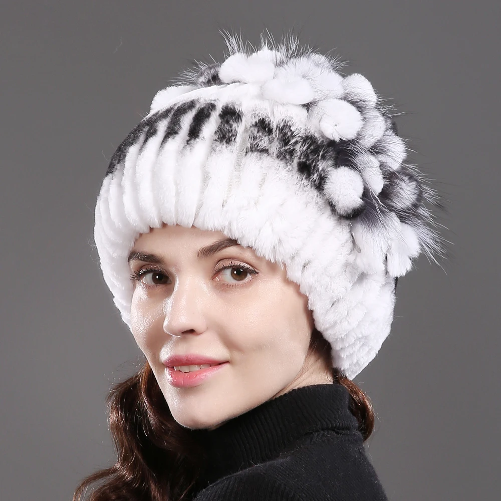 Стиль женский Настоящий мех кролика Skullies шапки Роскошные вязаные цветы натуральная шапка из меха кролика рекс зимние натуральный мех шапочки