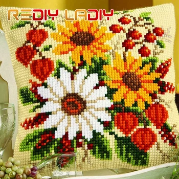 

Cross Stitch Cushion Cover POPPIES DAISIES Pillow Case Yarn Cross-Stitch Kits Cushions Home Decor Arts & Crafts Throw Pillows