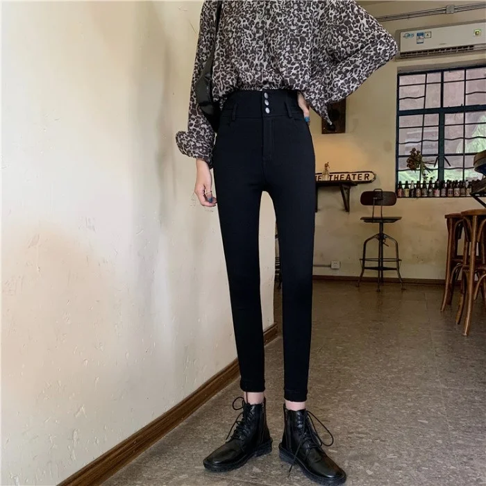 Black Jeans Women's Plush Thickened Elastic Tight Capris Autumn and Winter Small Leg Pants Straight | Женская одежда