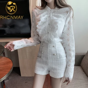 

2020 Summer Women Sets Long Sleeve Chiffon Lace Ruffle Blouse + High Waist Tweed Shorts Fashion 2 Pieces Suits