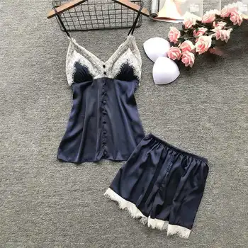 

Two Piece Satin Pajams Sets Women 2020 Summer Lace V-Neck Top and Shorts Casual Sleeveless Strap Home Sleepwear Ladies Lingeries