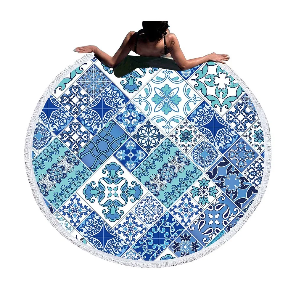 Круглое пляжное полотенце для взрослых полотенце из микрофибры s Blue Mosaic тропический коврик для пикника салфетка из микрофибры