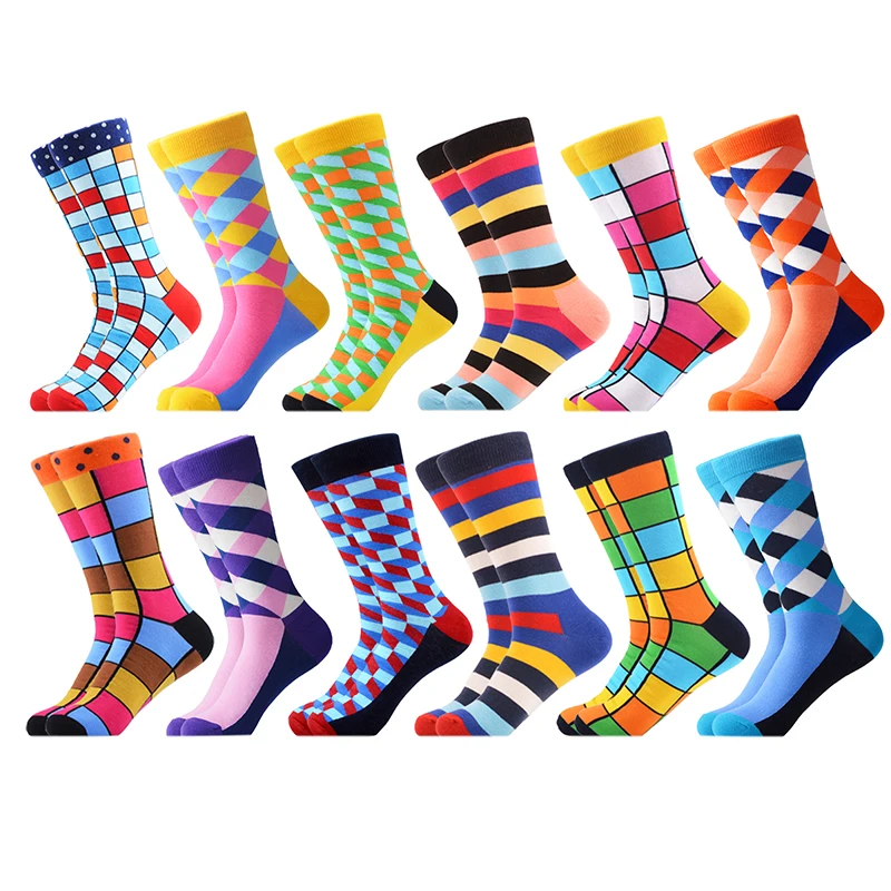 06931 (12pairs) SANZETTI/цветные мужские забавные носки без пятки из чесаного хлопка; одежда в стиле хип-хоп; Новинка; уличные носки для катания на коньках; носки для свадьбы; счастливый подарок - Цвет: 06931 (12pairs)
