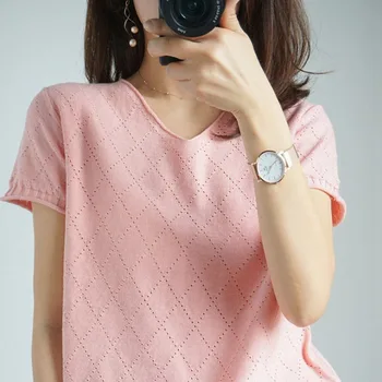 

2020 Summer Hollow Out Tops Thin Short Sleeve Knitted Sweater Female Loose Jumper Causal Cool V-Neck Pull Sweaters Femme Shirt
