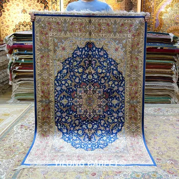 

Yilong 4'x6' Handmade Persian Blue Rugs Turkish Oriental Medallion Silk Carpet (ZQG432A)