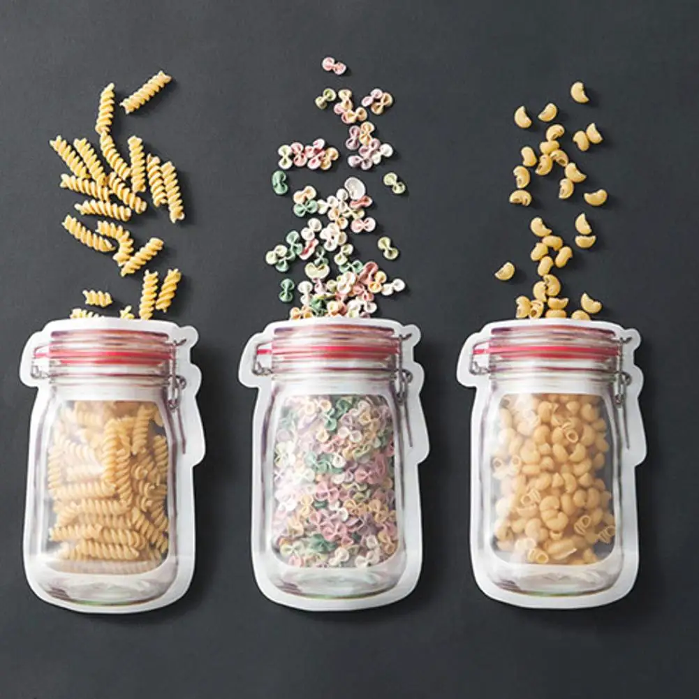 

3/4Pcs Portable Food Sealed Storage Bag Mason Jar Shape Snack Candy Zipper Storage Bags Freezer Kitchen Dry Food Storage Bag