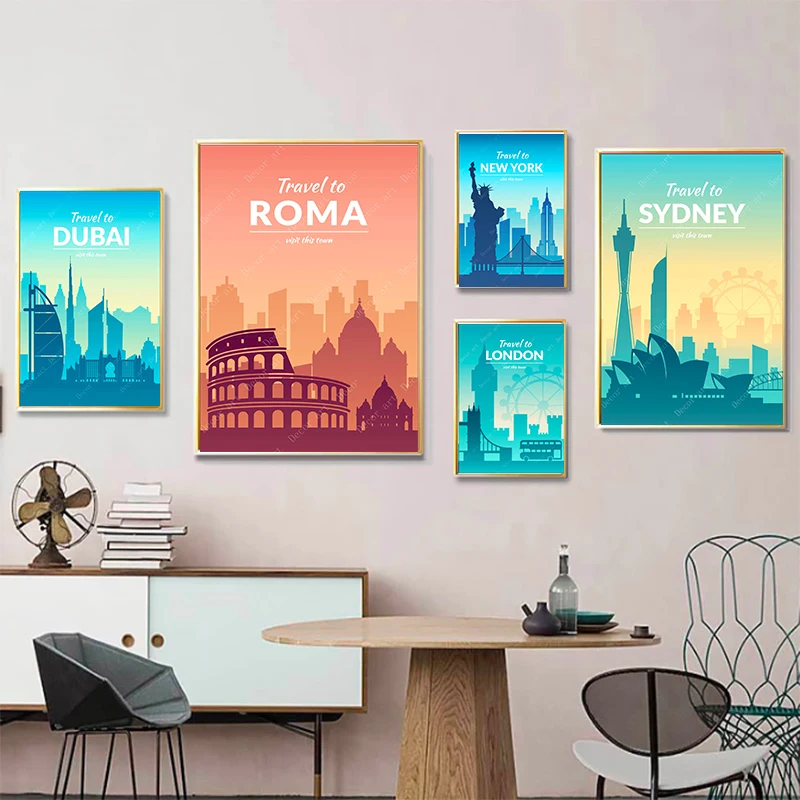 Travel to Roma Dubai London Sydney New York Canvas Paintings Vintage Wall Kraft Posters Coated Sticker Home Decoration Gift | Дом и сад