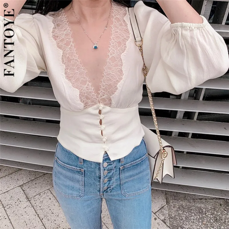 FANTOYE Sexy Deep V-Neck Lace Puff Sleeve Tops Blouses Women Vintage Long Sleeve Slim Blouse Shirts Female Chiffon Shirts Blousa