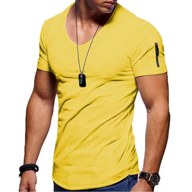 2022 New Men's V-neck T-shirt Fitness Bodybuilding T-shirt High Street Summer Short-Sleeved Zipper Casual Cotton Top Yellow