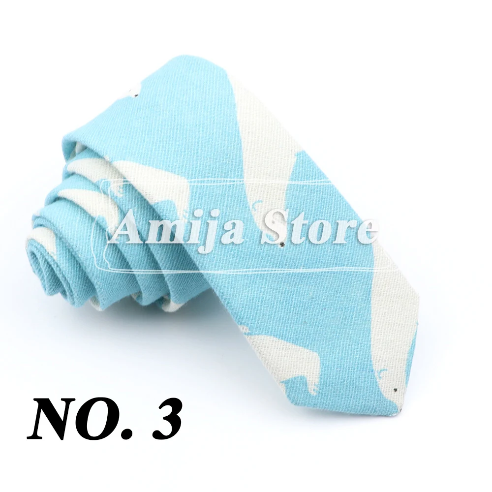 High Quality Cute Linen Cartoon Tie For Men Cat Polar Bear Watermelon Waves Printed Funny Gift Animal Narrow Striped Slim Cravat