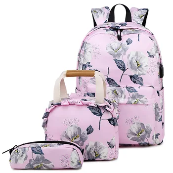 

Fashion 3pcs/set floral school backpack for girls cute flower handbag set student pencil bag children school bags kids backpack