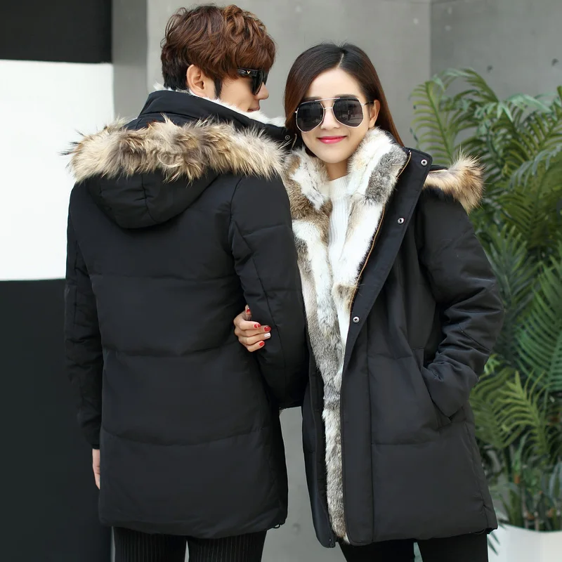 2021 winter clothing new men's down jacket youth real rabbit fur big collar thickened down jacket couples long white duck down