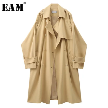

[EAM] Women Yellow Big Size Long Trench New Lapel Long Sleeve Loose Fit Windbreaker Fashion Tide Spring Autumn 2020 1X192