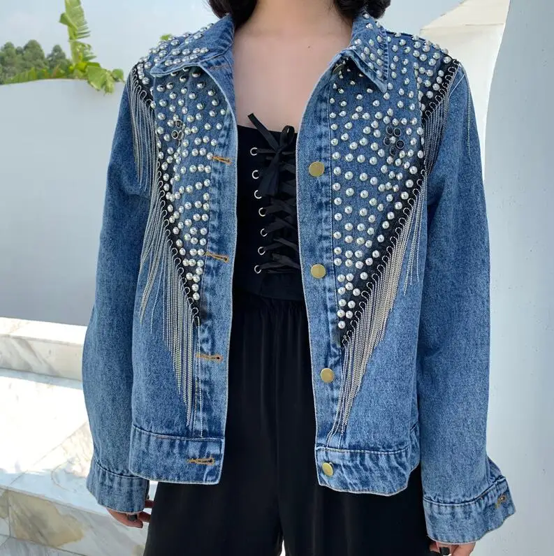 Синий Chaquetas Mujer, осень, уличная одежда, джинсовая куртка для женщин, ручная работа, заклепки, кисточка, цепь, короткая джинсовая куртка, свободные черные пальто - Цвет: Синий