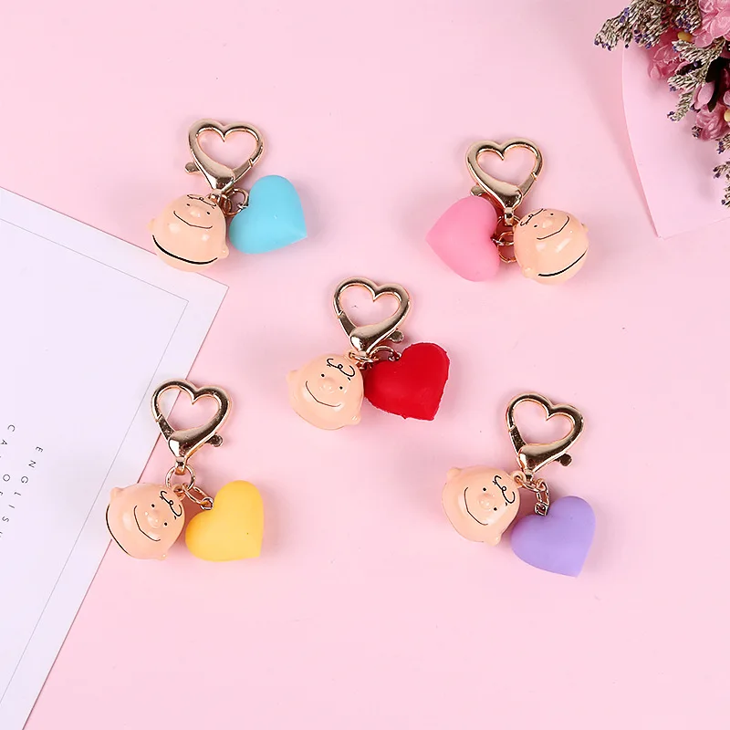 

Cartoon Anime Keychain Colorful Love Heart Bell Charlie Keychain for Women Bag Charms Pendant with Gold Heart Buckle Keyring