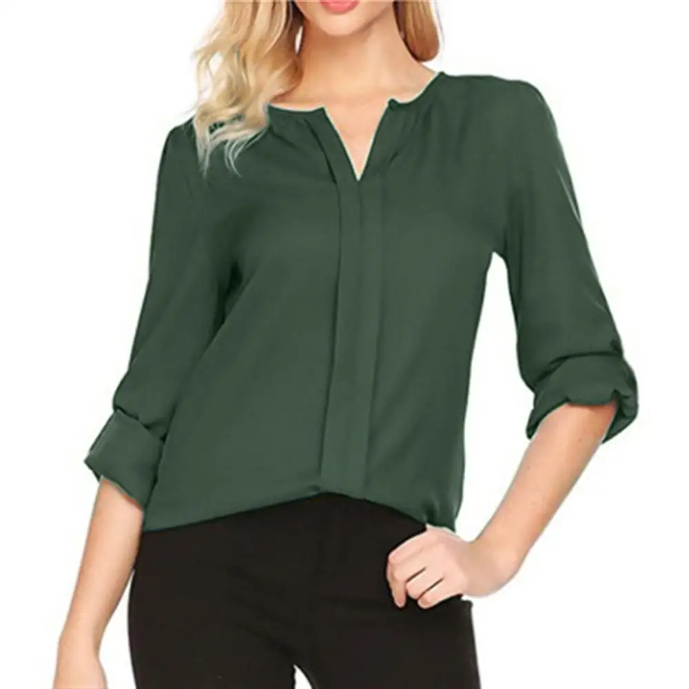 Однотонная блузка с длинным рукавом, шифоновая блузка с v-образным вырезом, Женские топы и блузки, однотонная офисная рубашка, женская блузка, рубашка, большой размер 5XL - Цвет: Jasper