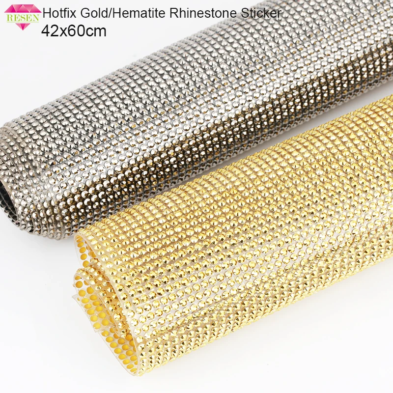 RESEN 42X60CM/PCS Hotfix Iron On Flatback Gold Rhinestone Sheet Sticker Resin Mesh Trim For Craft Decoration | Дом и сад