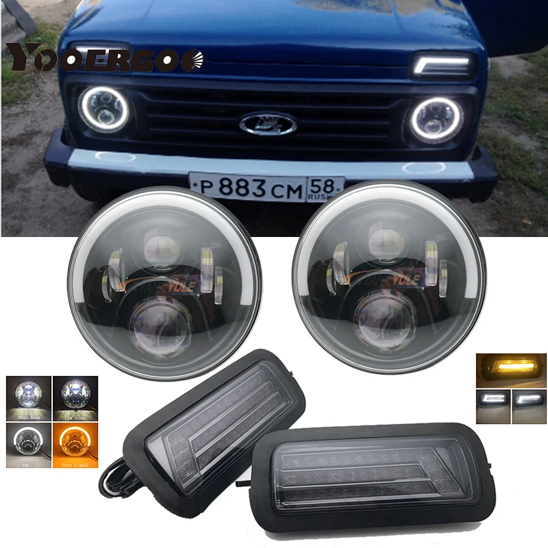 

For Lada Niva 4X4 1995 LED DRL lights with White Daytime Running Light Amber Turn Signal Tail light +7inch Led Headlight Bracket