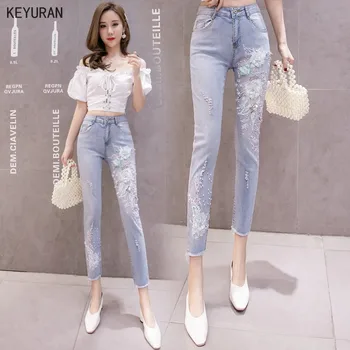

Mom Jeans Woman's Denim Pencil Pants 3D Flowers Embroidery Beaded Stretch Jeans Ladies High Waist Jeans Femme Legging Trousers