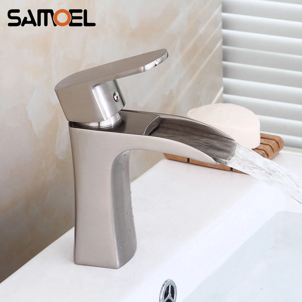 

Матовый никелевый кран для раковины с одним отверстием, кран для раковины на бортике с водопадом, черный смеситель для ванной комнаты NL729