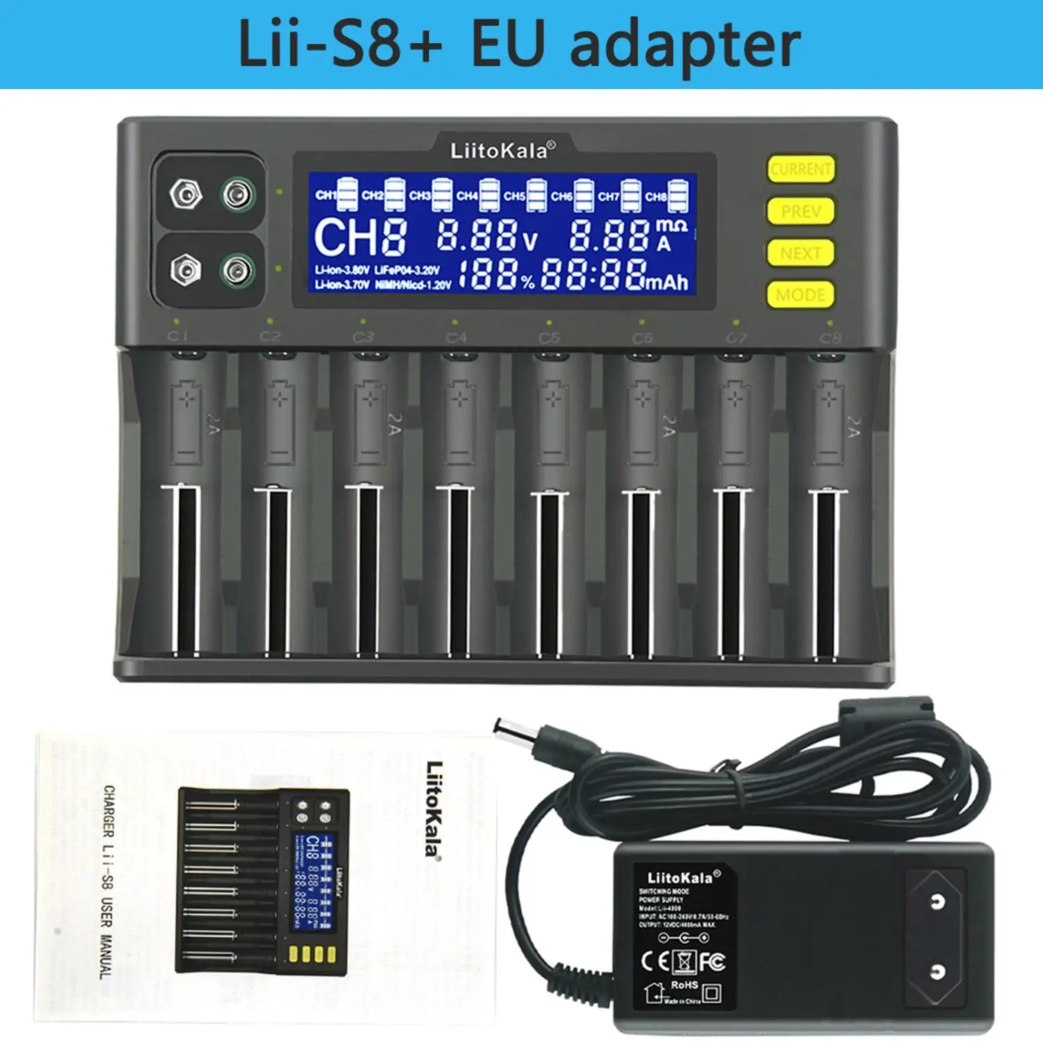 1-5PCS LiitoKala Lii-S8 Battery Charger Li-ion 3.7V NiMH 1.2V Li-FePO4 3.2V IMR 3.8V charger for 18650 26650 21700 26700 AA AAA charger adapter battery charger power supply adapter fast charger battery charger adapter