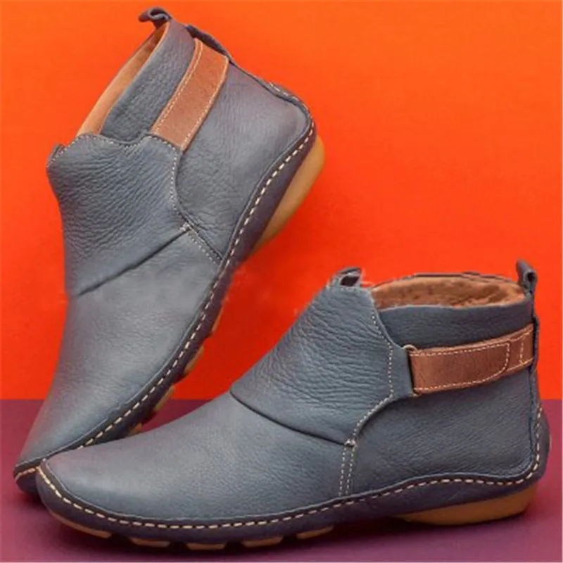 Women's PU Leather Ankle Boots Women Cross Strap Vintage Woman Shoes Short Plush Punk Boots Flat Ladies Retro Botas Mujer - Цвет: Gray