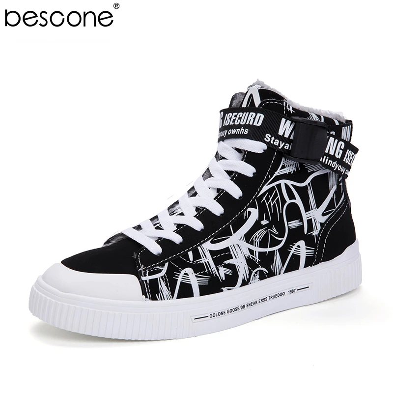 

BESCONE Men's Fashion Sneakers Classic Lace-up Winter Warm Plush Fur Comfortable Outdoor Casual Flats High Top Canvas Shoes M960