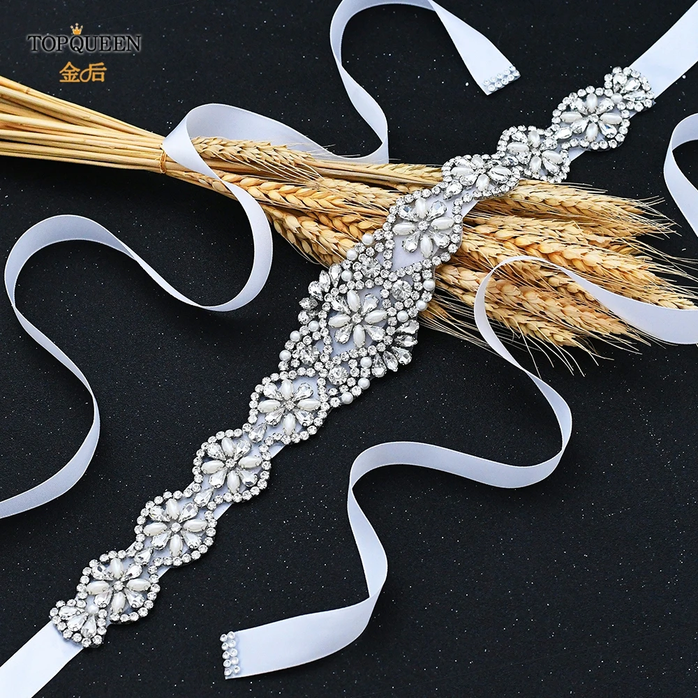 TOPQUEEN S161 Bridal Belts Wedding Women Jewelry Silver Rhinestone Pearl Crystal for Sparkly Party Formal Dress Diamond Sash