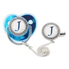 Name Initial Letters Baby Pacifier with Clips Lids Rhinestone Blue Luxury Pacifier Newborn Baby Boys Silicone Nipple Baby Shower 4