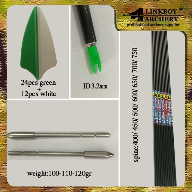  US $64.80 12set Archery 32inch Carbon Arrow Bulk Spine 120gr Point Nock 36pc Vanes 