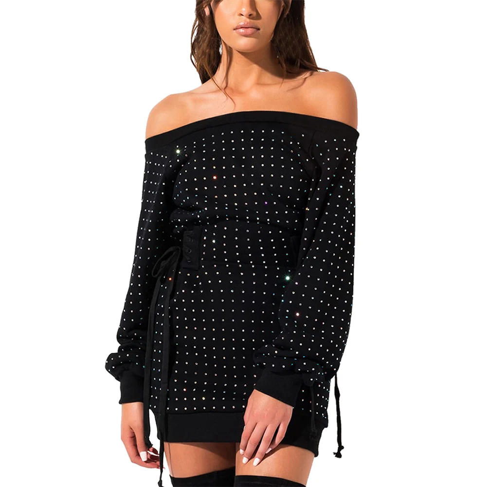 

2019 Autumn Hot Drilled Sexy Bandage Sweatershirt Sequin Dress Off shoulder Full Sleeve Plus Size Mini Dress Club Party Dresses