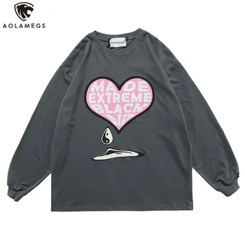 

Aolamegs Men's T Shirt Heart-Shaped Letter Printing Long Sleeve T Shirt Men Cozy All-match High Street Hipster Autumn Streetwear