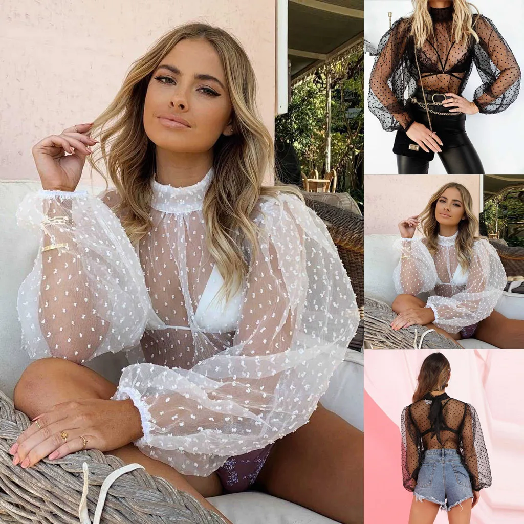 Женская футболка модная женская сетчатая в горошек с длинным рукавом буфами топы