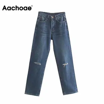 

Aachoae High Waisted Ripped Jeans For Women Blue Denim Trousers Hole Boyfriend Mom Jeans Streetwear Full Length Cowboy Pants