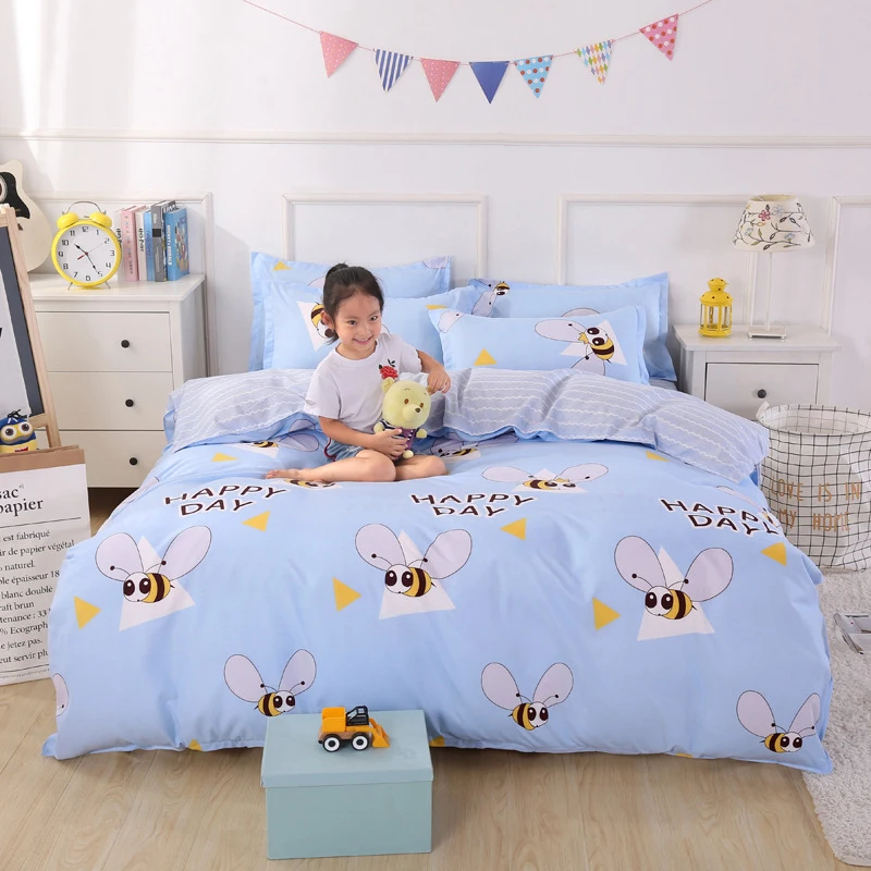 Милые животные пчела Pattern Синий пододеяльник 3/4 штуки в комплекте постельный комплект для детей ребенок Мягкий хлопок Постельное бельё один полный queen King Размеры 150x200
