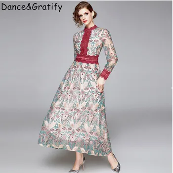 

Luxury Mesh Embroidery Flowers Maxi Beach Dress Fashion Long Big Swing Holiday Boho Dresses 2020 New Spring Summer