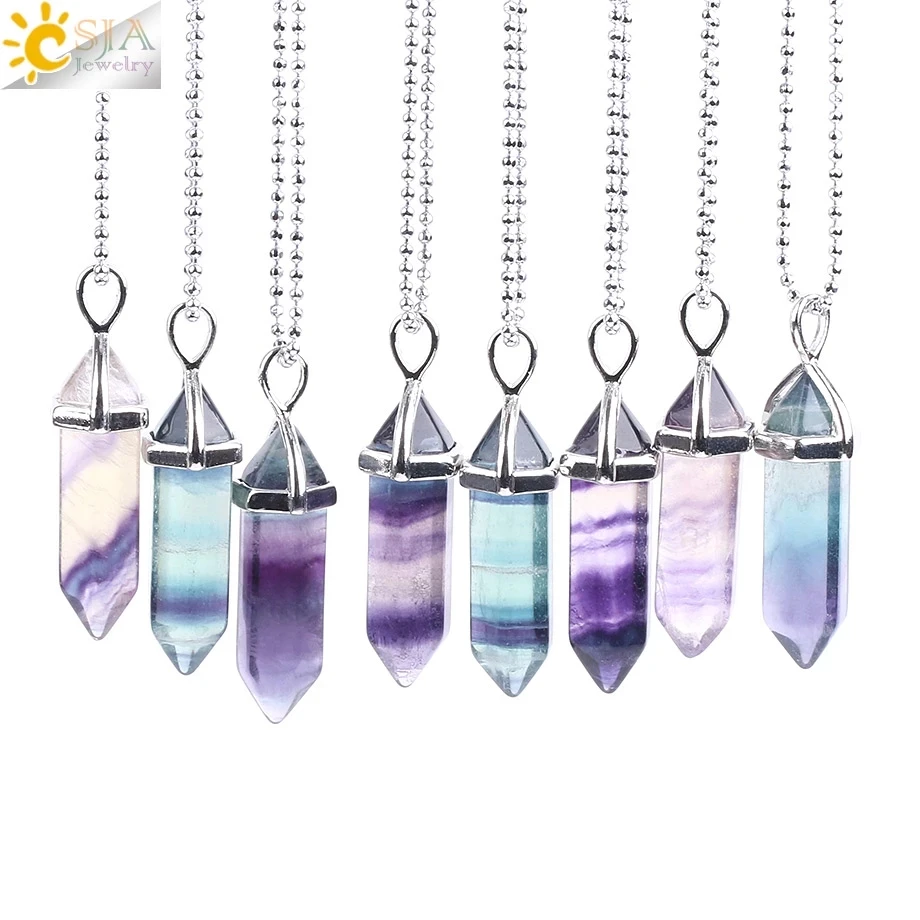 CSJA Fluorite Pendentif En Pierre Naturelle Collier De Quartz Balle Hexagonal Point Pendule Colonne Reiki Guérison Femmes Colliers E546