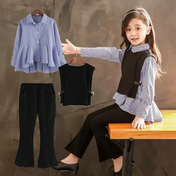 

2020 New Children's clothes sets shirt+vest+long pant spring autumn cotton blouse pants casual wild style kids girls 3 pcs suit