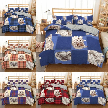 

ZEIMON 3d Cat Printed Bedding Sets Cartoon Plaid Geometry Twin Queen Size Microfiber Bed Duvet Cover Pillowcase For Bedroom