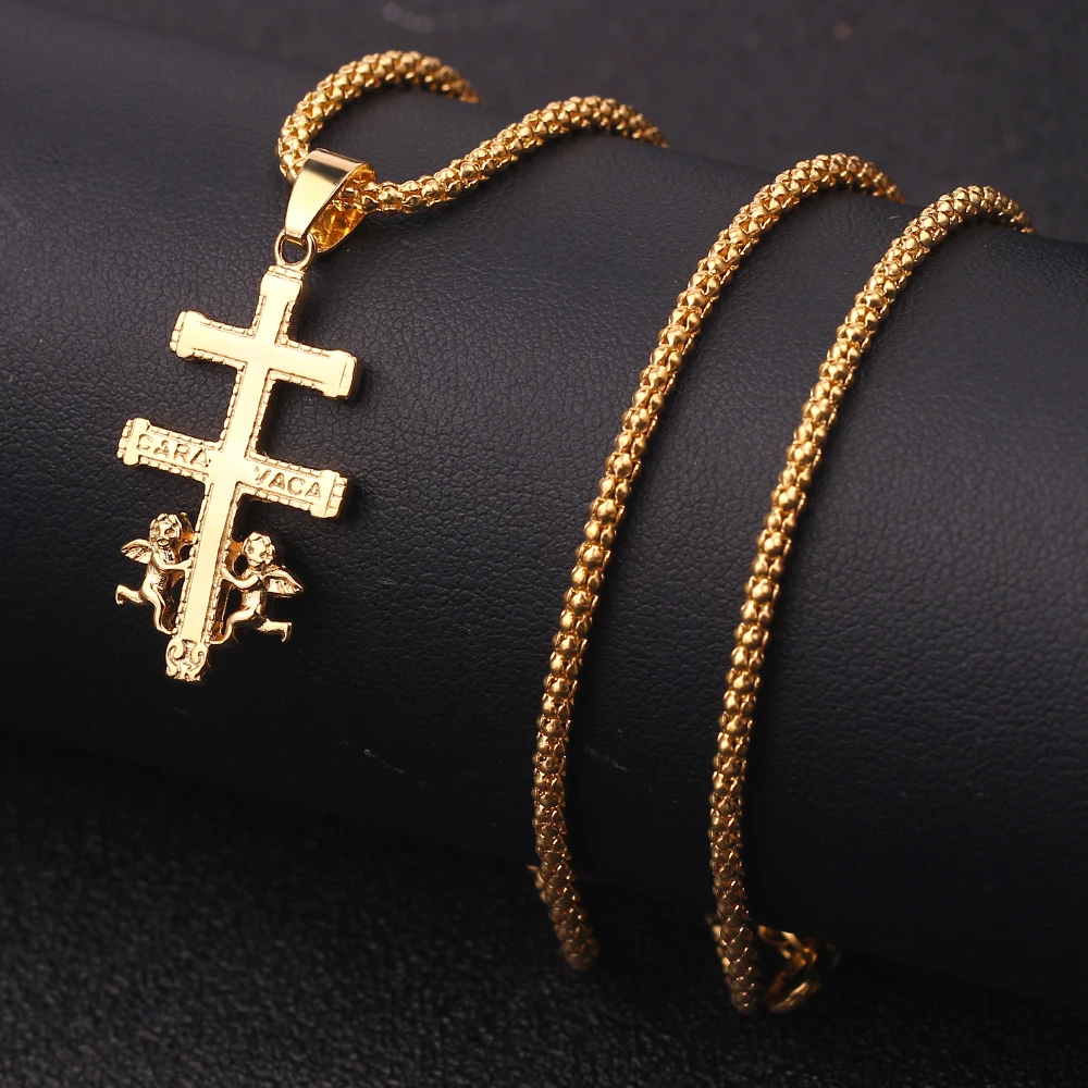 Золотого цвета, католический Каравака, распятие, ортодоксальный крест, кулон, ожерелье, Херувим, ангел, лучшее христианское ожерелье для мужчин и женщин