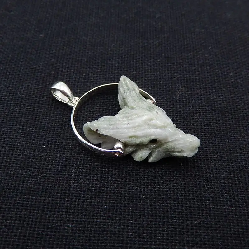 Carved Wolf Head Pyrite Gemstone Pendant Bead, 925 Sterling Silver Buckle.30x19x9mm,3g
