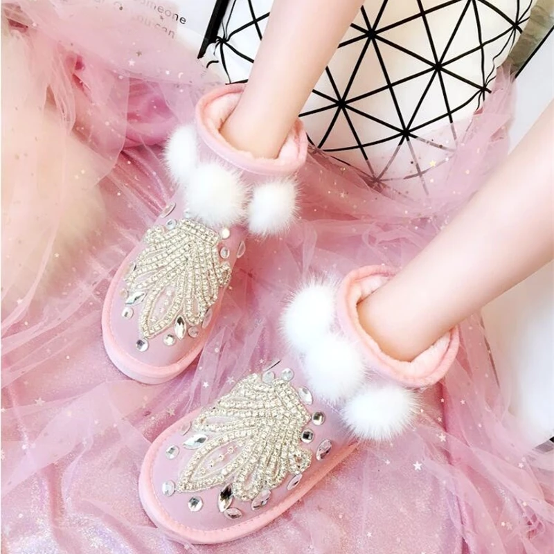 2019 Зима Новый Ручной Работы Стразы кожаная короткая труба зимние ботинки женские