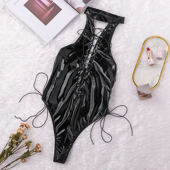 

New Women Sexy Artificial Leather Plus Size Bodysuit Solid Halter Backless Sleeveless Lingerie Elastic Leotard Bodysuit S-3XL