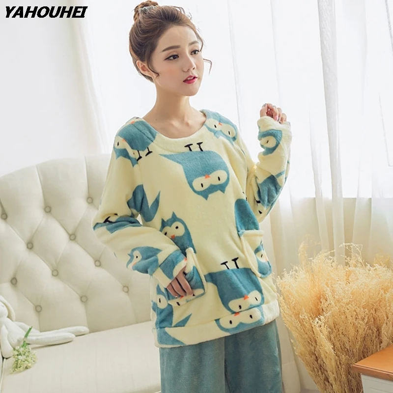

Thick Warm Flannel Pajama Set for Women New Winter Long Sleeve Coral Velvet Pyjama Cute Cartoon Sleepwear Homewear Home Clothing