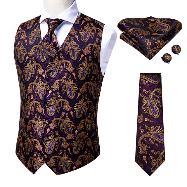 Hi-Tie 20 Color Silk Men's Vests and Tie Business Formal Dresses Slim Vest 4PC Hanky cufflinks for Suit Blue Paisley Waistcoat MS-0016