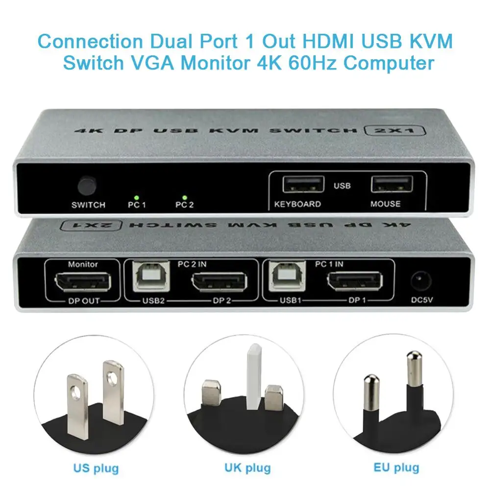 DP USB KVM переключатель 2*1 4K 60 Гц Displayport 2 в 1 выход для двух узлов совместного монитора
